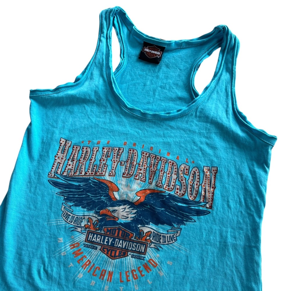 Harley Davidson Womens XS Turquoise Orange Rhinestone Deadwood South Dakota Tank